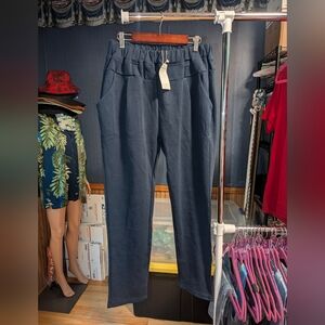 LARGE Navy Sweatpants Elastic Waist Pockets Cotton Blend